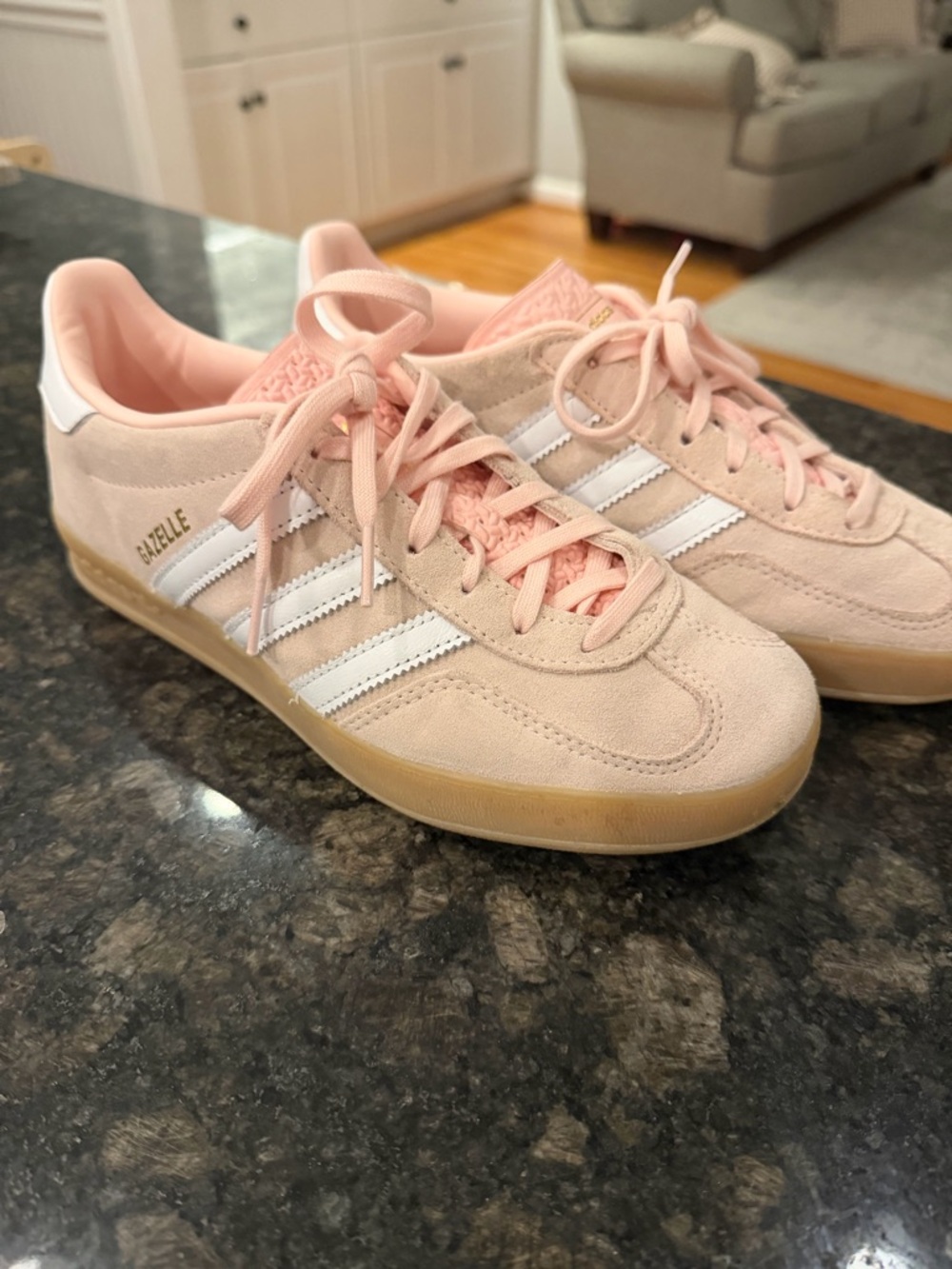 adidas Women’s Pink Suede Gazelle Sneakers with White Stripes